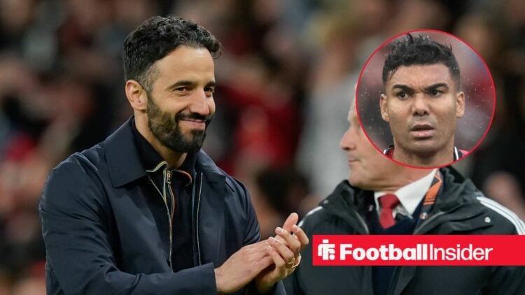 Manchester United manager Ruben Amorim smiles with Casemiro inset