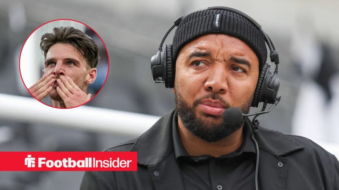 Former Premier League striker Troy Deeney with Arsenal midfielder Declan Rice celebrates inset