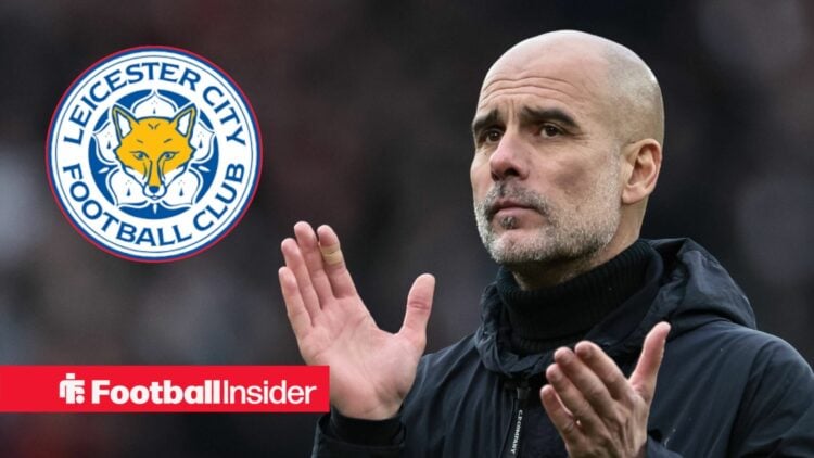 Man City manager Pep Guardiola claps with Leicester City badge