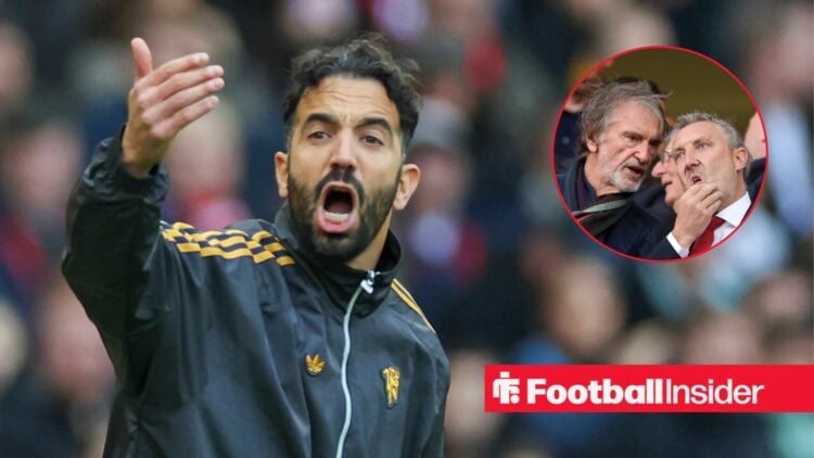 Former Manchester United manager Ruben Amorim shouts with Jim Ratcliffe inset