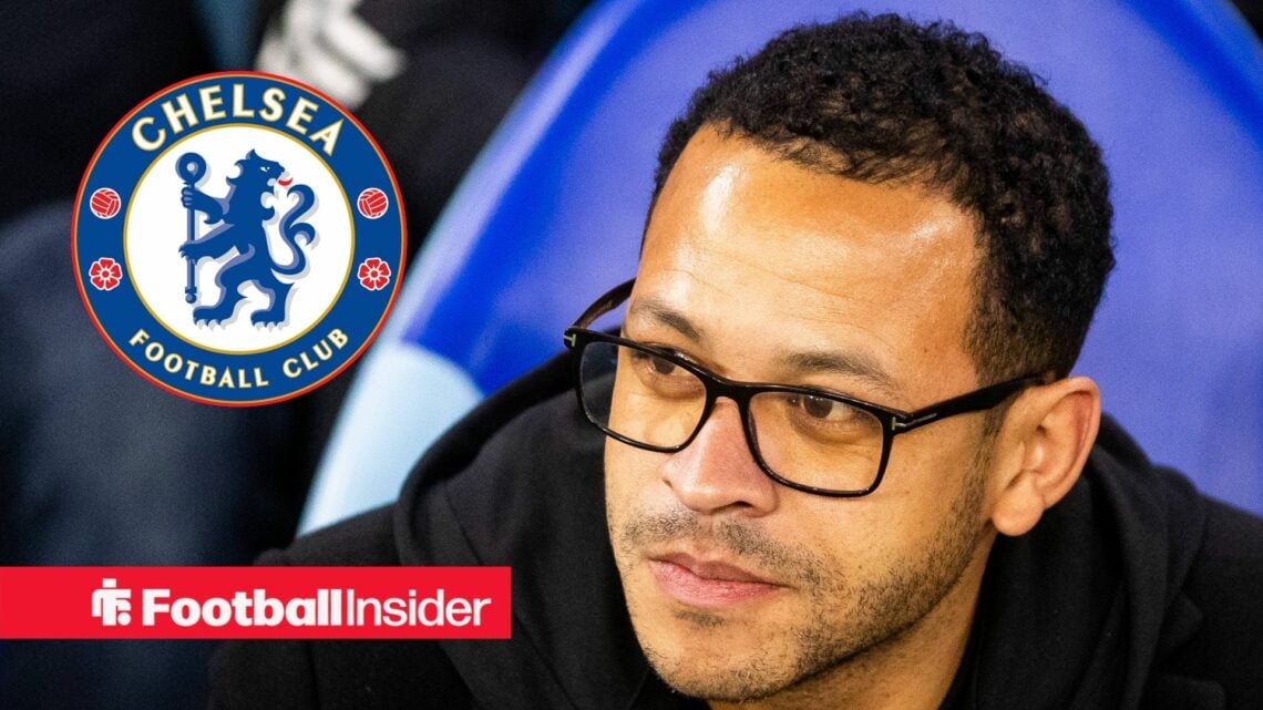 Chelsea head coach Liam Rosenior with Chelsea badge inset