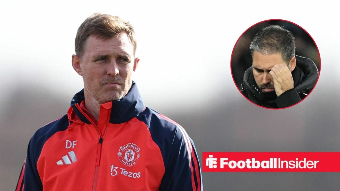 Man United interim manager Darren Fletcher with Leicester City manager Marti Cifuentes inset