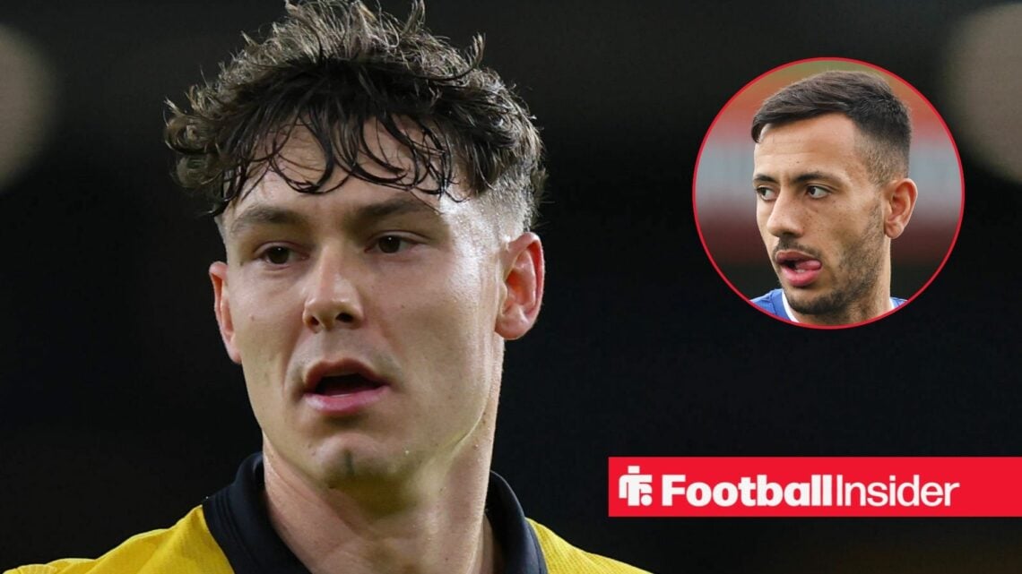 Wolves striker Jorgen Strand Larsen with Everton winger Dwight McNeil inset