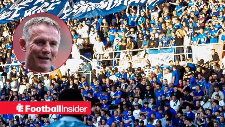 Birmingham City fans with Wrexham manager Phil Parkinson inset