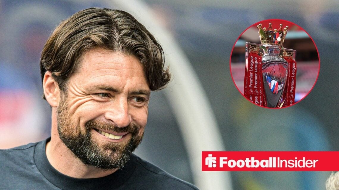 Former Rangers manager Russell Martin smiles with Premier League trophy inset