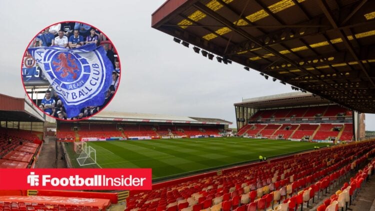 Pittodrie Stadium with Rangers badge in circle