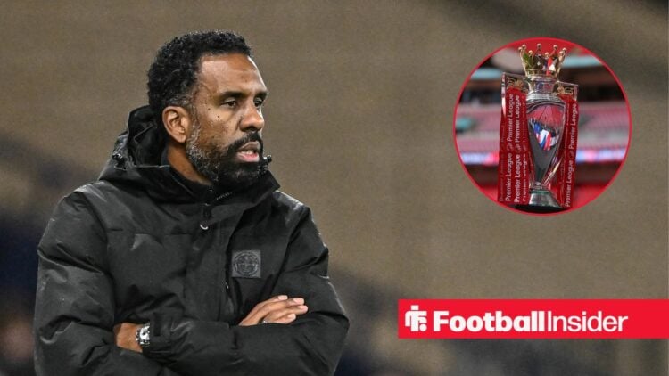 Wilfried Nancy looking at Premier League trophy in circle