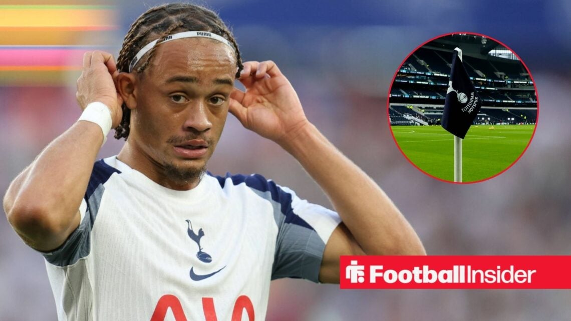 Tottenham midfielder Xavi Simons with Tottenham flag inset