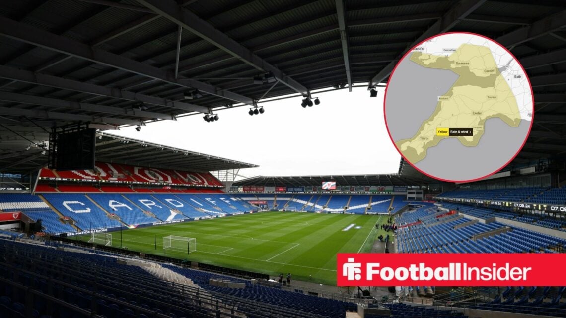 Cardiff City Stadium with weather warning in circle