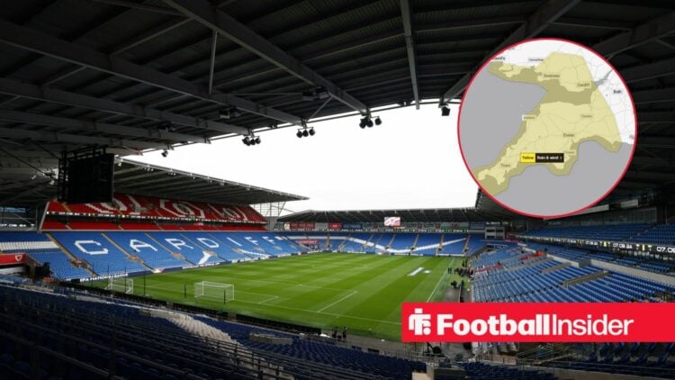 Cardiff City Stadium with weather warning in circle