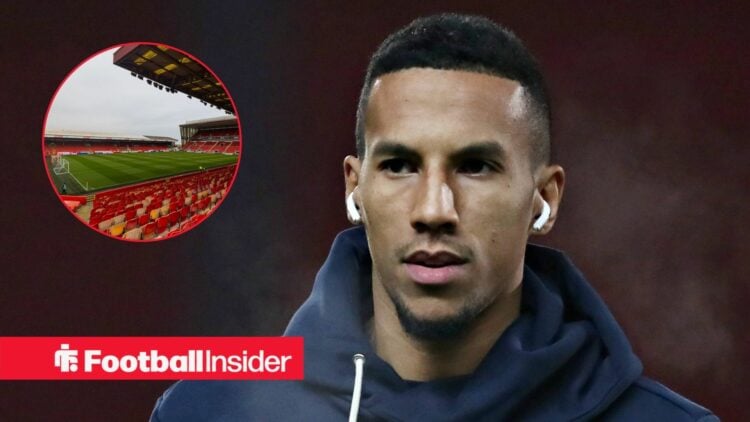 Isaac Hayden looking at Pittodrie Stadium in circle