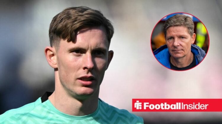 Dean Henderson looking at Oliver Glasner in circle