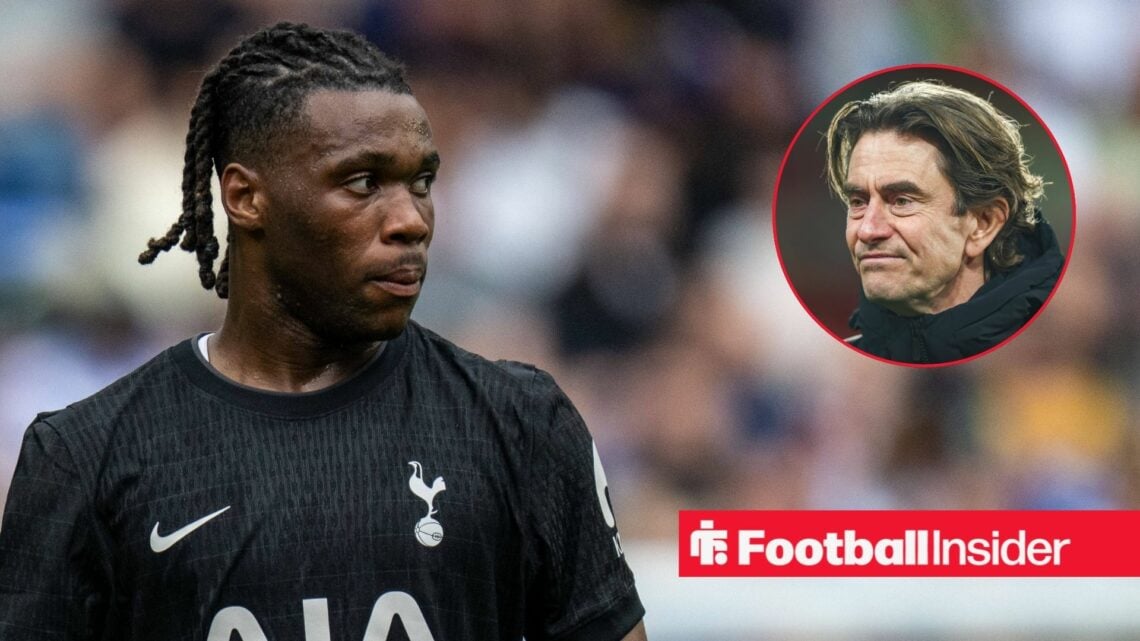 Destiny Udogie looking at Thomas Frank in circle