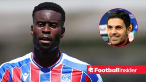 Crystal Palace defender Marc Guehi with Arsenal manager Mikel Arteta inset