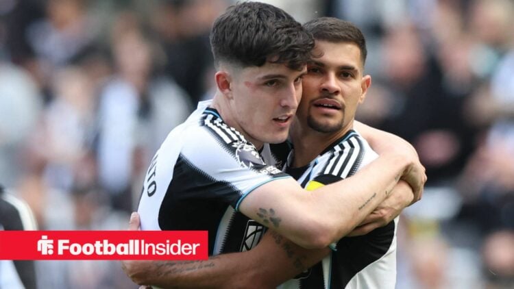 Newcastle United players Tino Livramento and Bruno Guimaraes hug