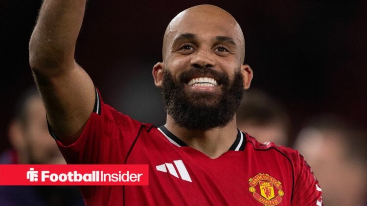 Manchester United forward Bryan Mbeumo smiles