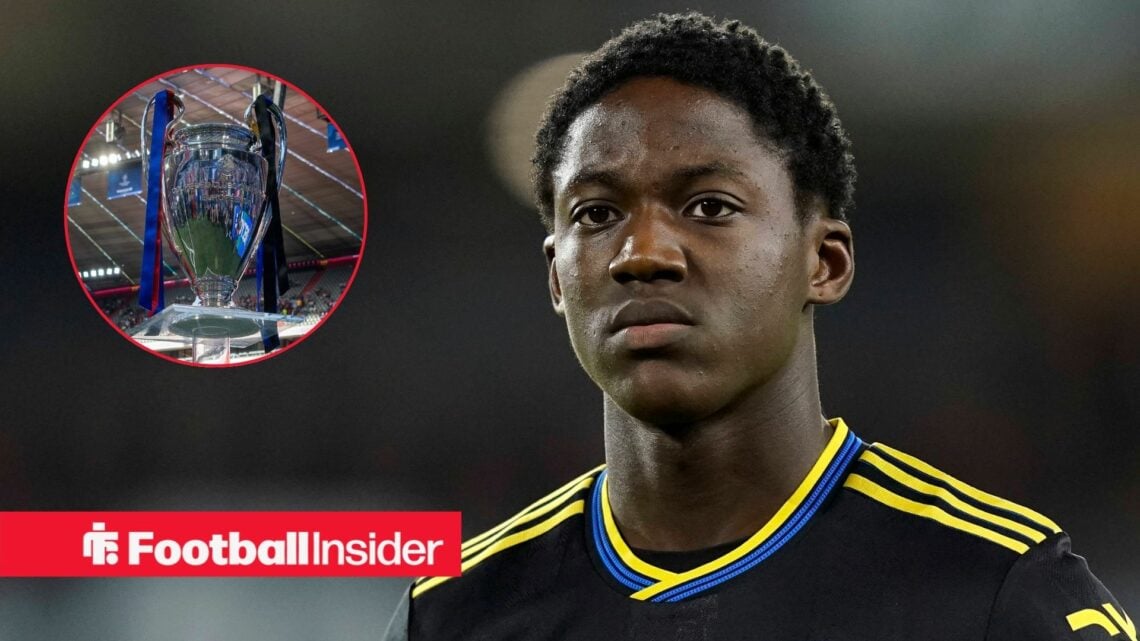 Kobbie Mainoo looking at Champions League trophy in circle