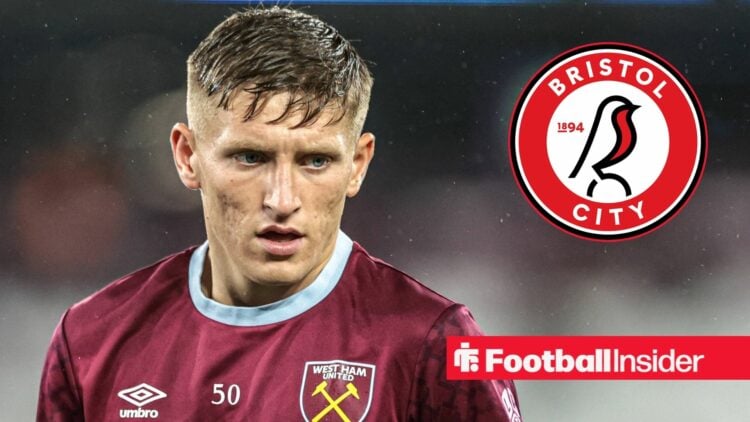 Callum Marshall looking at Bristol City badge in circle