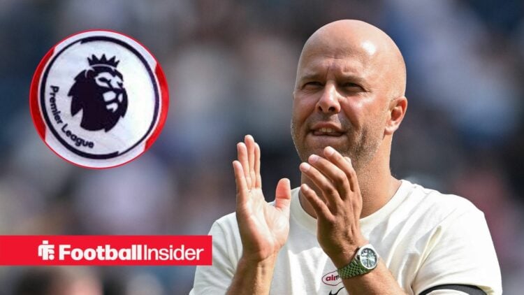 Liverpool manager Arne Slot claps with Premier League logo inset