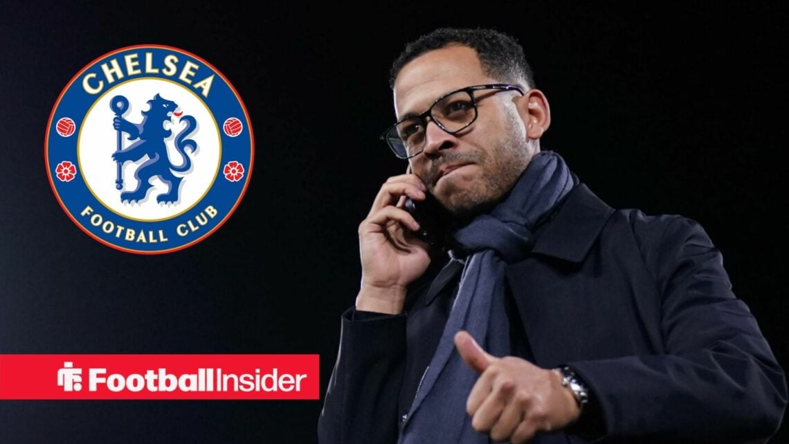 Chelsea head coach Liam Rosenior with Chelsea badge inset