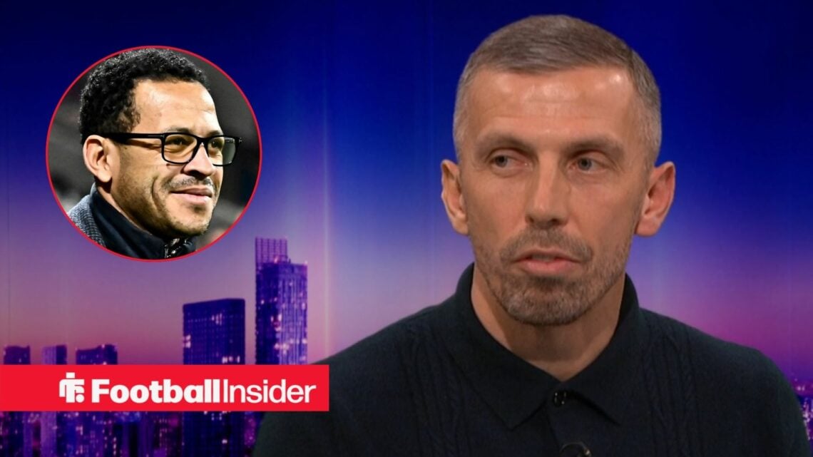 Former Wolves manager Gary O'Neil with Strasbourg head coach Liam Rosenior smiles inset