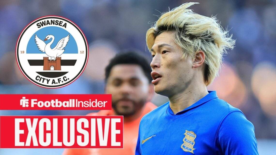 Kyogo Furuhashi looking at Swansea City badge in circle