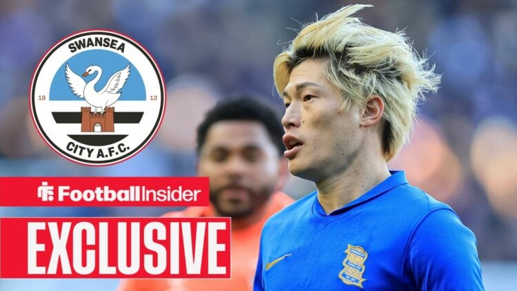 Kyogo Furuhashi looking at Swansea City badge in circle