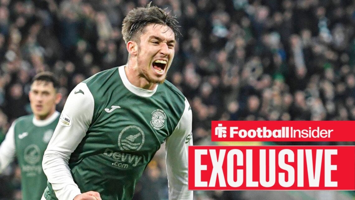 Kieron Bowie celebrating in Hibernian kit