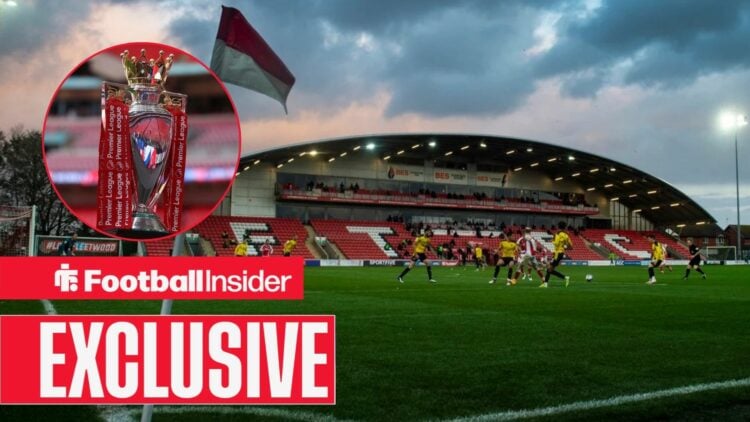 Highbury Stadium with Premier League trophy in circle