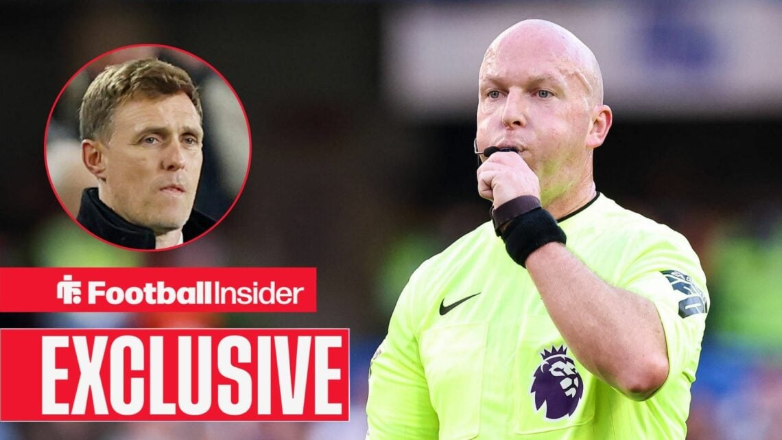 Premier League referee Simon Hooper blows whistle with Manchester United manager Darren Fletcher inset