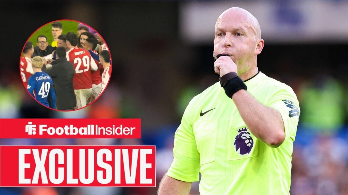 Premier League referee Simon Hooper with Chelsea and Arsenal players in melee