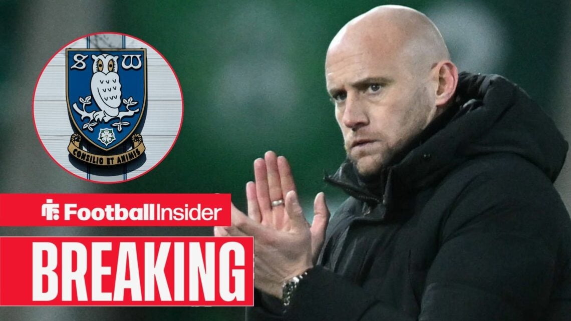 Hibernian manager David Gray claps with Sheffield Wednesday badge inset