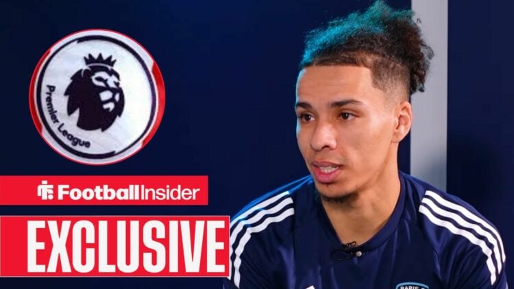 Paris FC forward Illan Kebbal, with Premier League badge inset