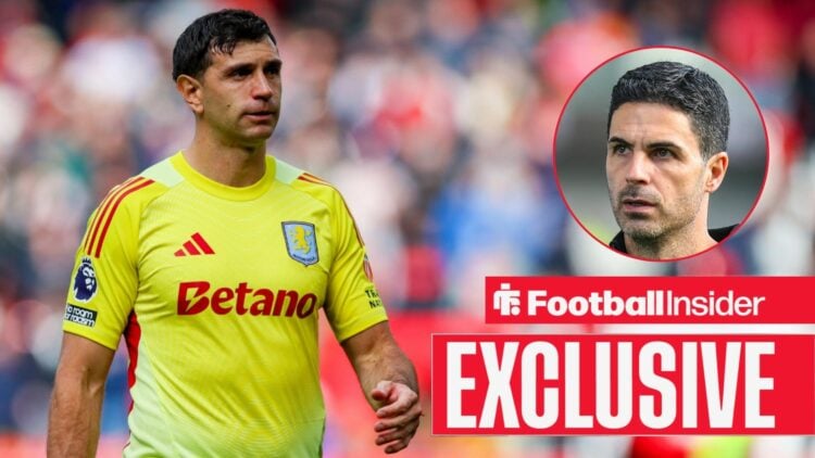 Aston Villa goalkeeper Emi Martinez with Arsenal manager Mikel Arteta