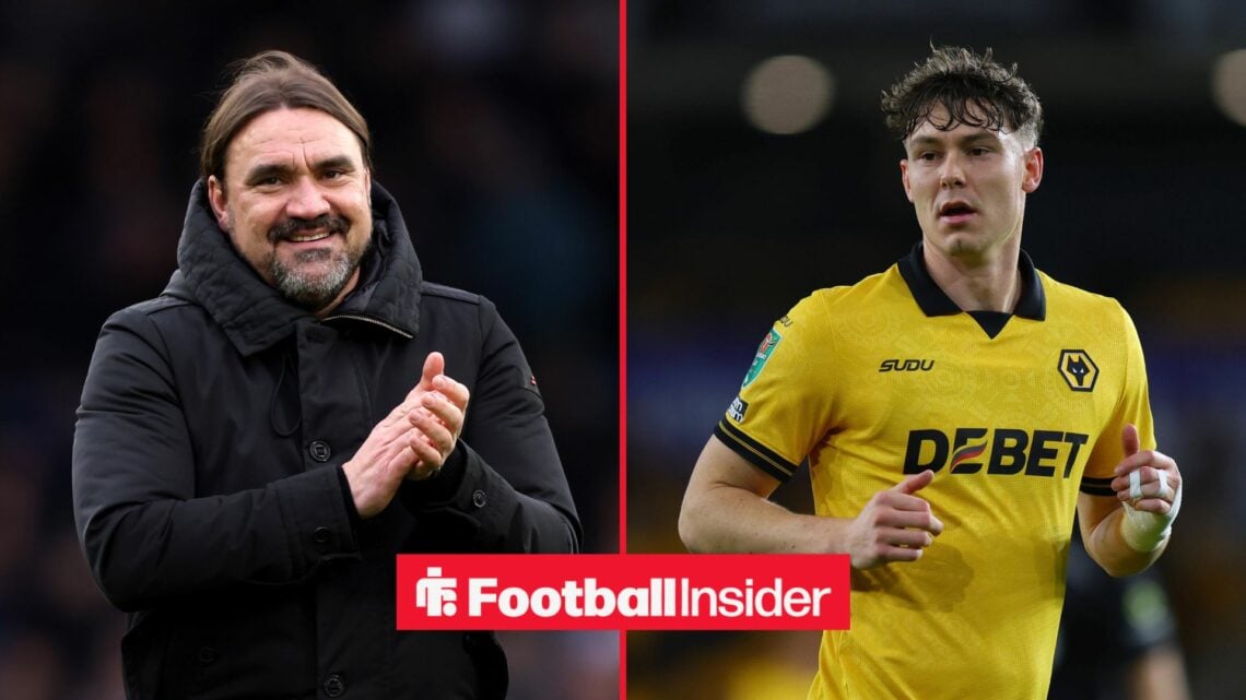 Daniel Farke clapping on left with Jorgen Strand Larsen on right