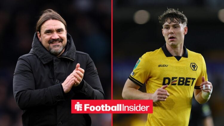 Daniel Farke clapping on left with Jorgen Strand Larsen on right