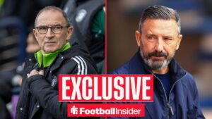 Martin O'Neill looking at Derek McInnes on right
