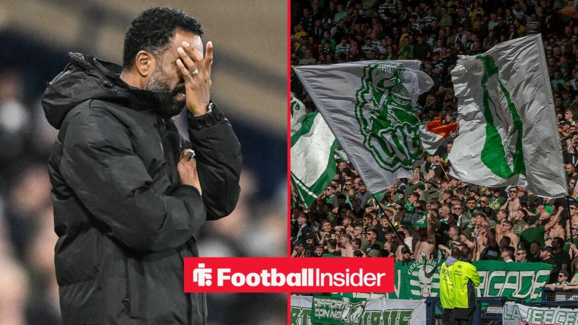 Wilfried Nancy with hands on head with Celtic fans on right