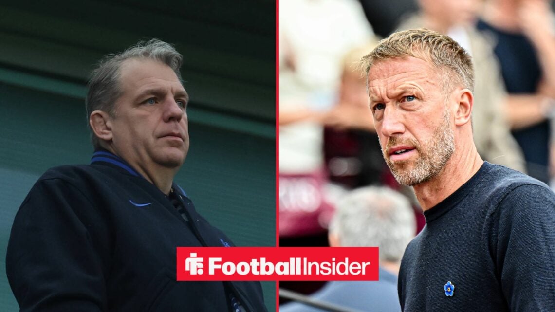 Todd Boehly looking at Graham Potter on right