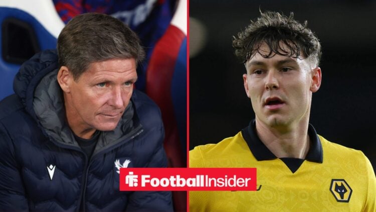 Oliver Glasner looking at Jorgen Strand Larsen on right