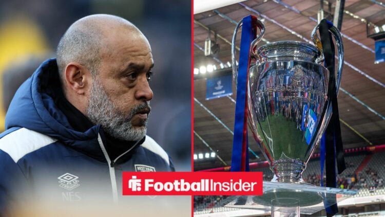 Nuno Espirito Santo looking at Champions League trophy on right