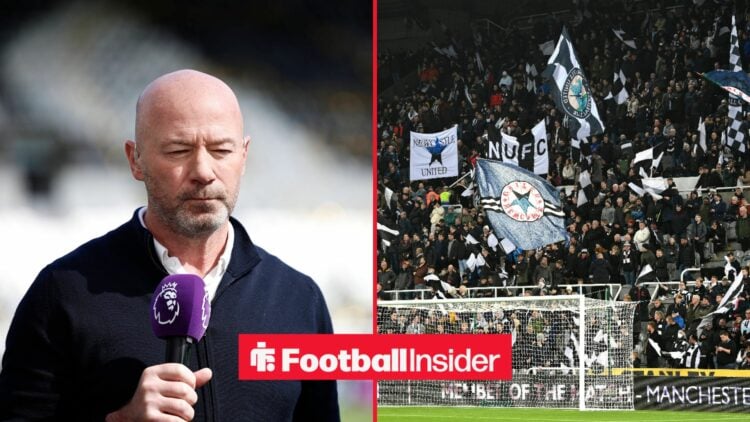 Alan Shearer on left looking at Newcastle fans on right