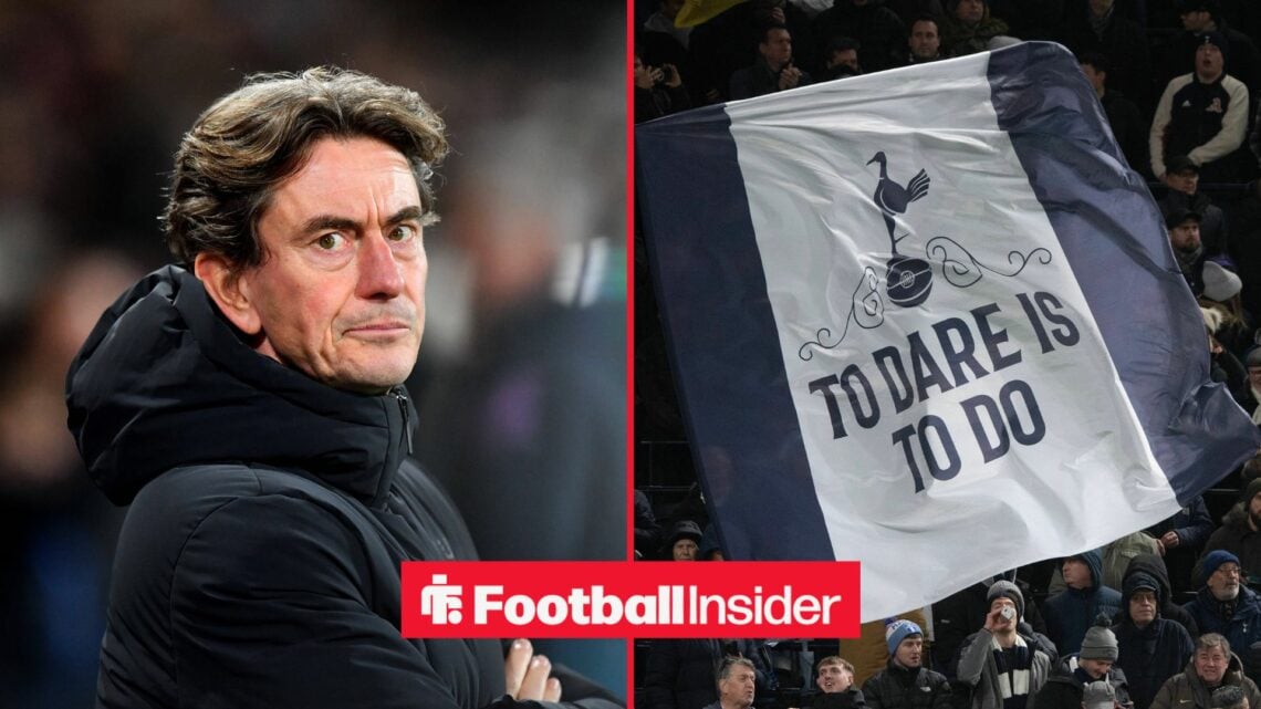 Thomas Frank on left with Tottenham fans on right