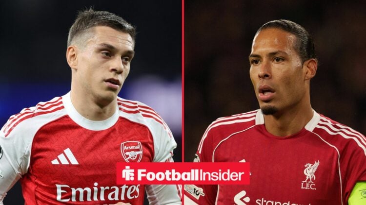 Arsenal winger Leandro Trossard with Liverpool defender Virgil van Dijk