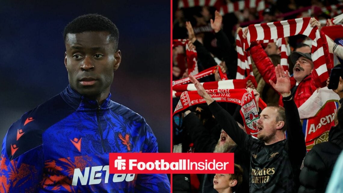 Manchester City defender Marc Guehi with Arsenal fans inset