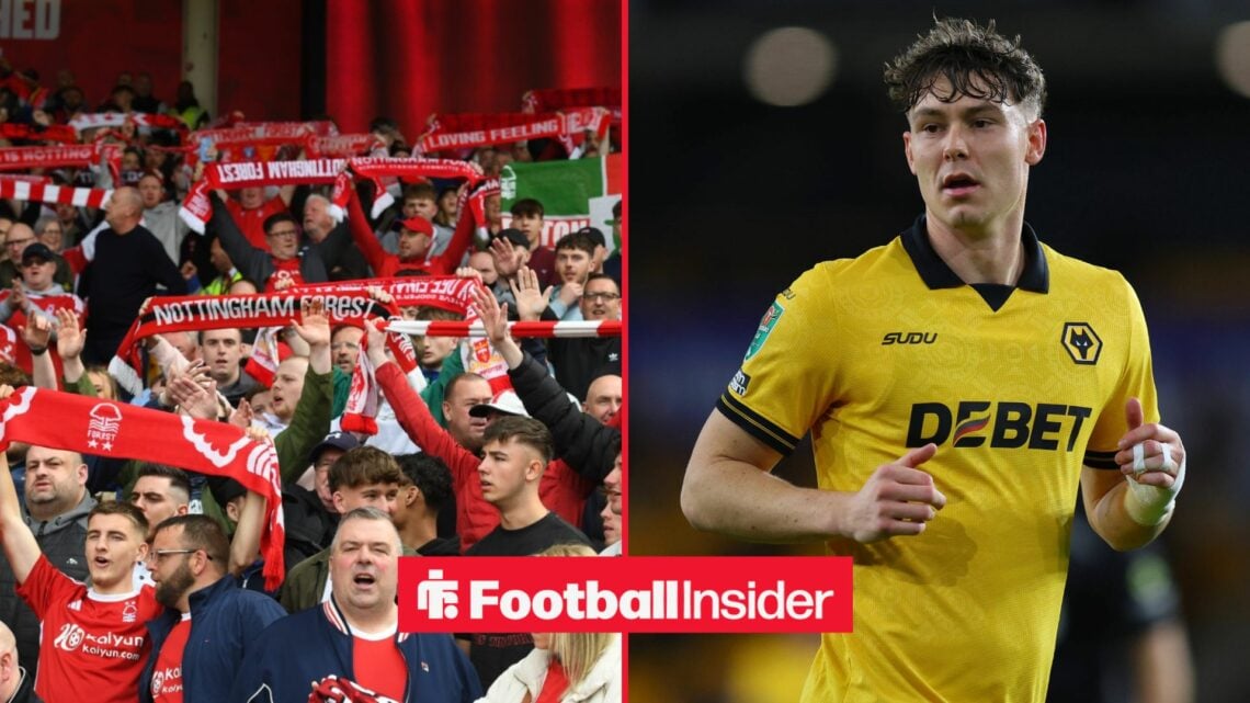 Nottingham Forest fans on left with Jorgen Strand Larsen on right