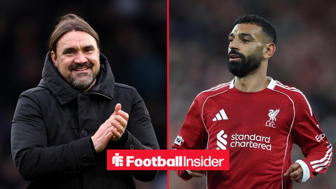 Leeds United manager Daniel Farke claps with Liverpool forward Mohamed Salah