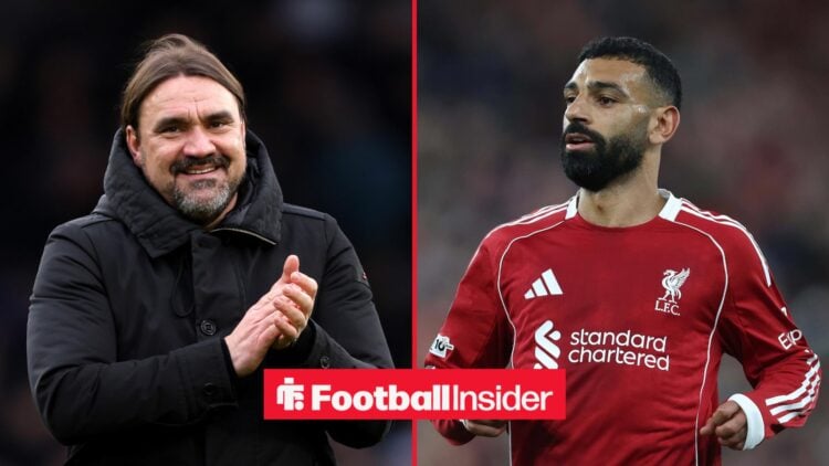 Leeds United manager Daniel Farke claps with Liverpool forward Mohamed Salah