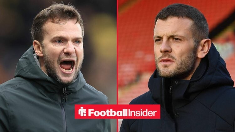 Plymouth Argyle manager Tom Cleverley shouts with Luton Town manager Jack Wilshere