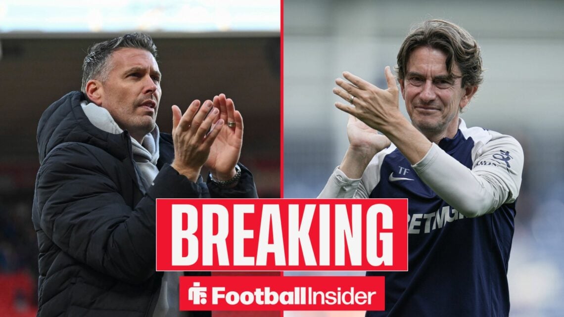 Rob Edwards clapping on left with Thomas Frank clapping on right